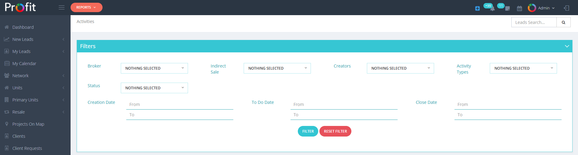 Activities Management Filters